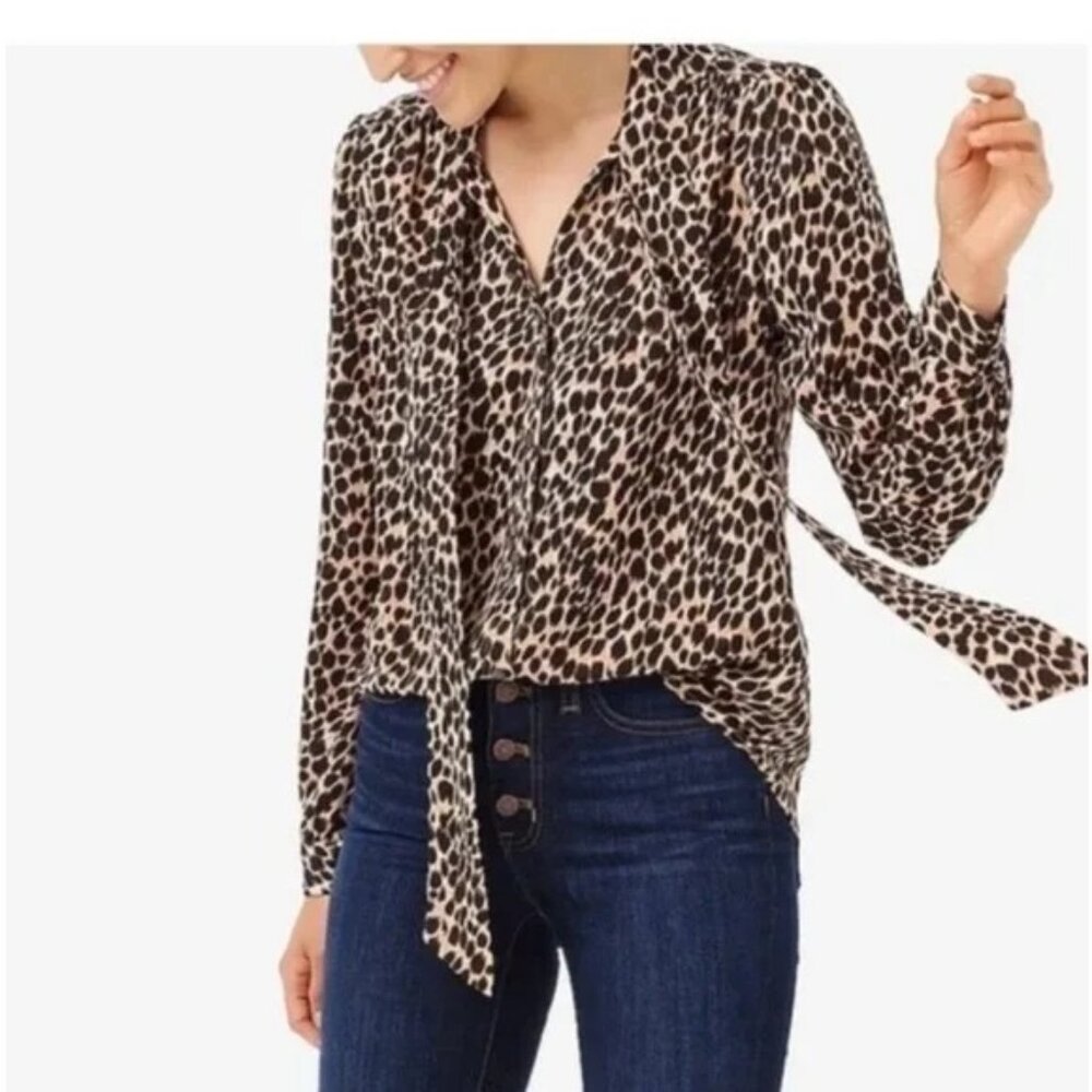 J Crew Leopard Print Bow Blouse S Button Front Drapey Cheetah Twee Academia Busi